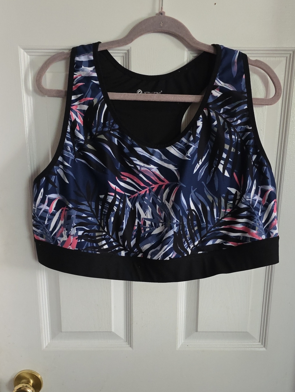 Tropical Navy Leaf Print Sports Bra with Black Band